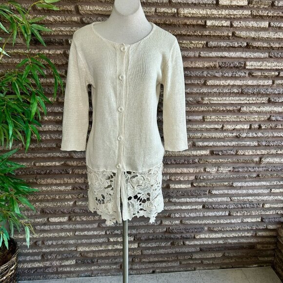 Monoreno Beige Cream Lace Hem Linen Blend Tunic Length Cardigan Sweater - Picture 2 of 9